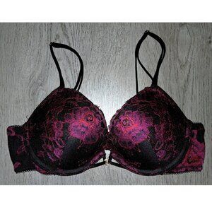 Victoria's Secret Very Sexy Push Up Bra Size 34B Pink and Black Floral Rose Lace